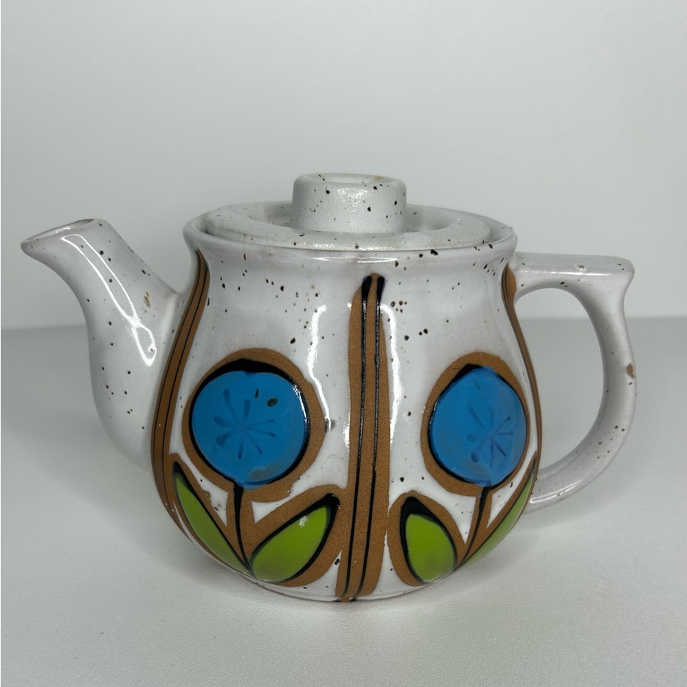 Retro vintage MCM tea pot Brutalist glazed Teapot Floral Teal White